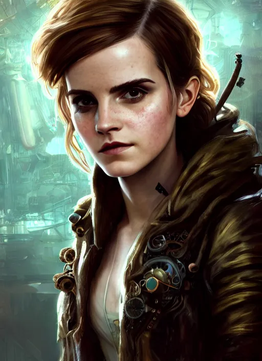 Image similar to steampunk biopunk portrait of emma watson, au naturel, hyper detailed, digital art, trending in artstation, cinematic lighting, studio quality, smooth render, unreal engine 5 rendered, octane rendered, art style by klimt and nixeu and ian sprigger and wlop and krenz cushart.