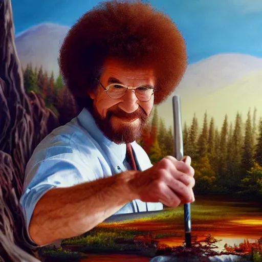 Image similar to a closeup photorealistic photograph of bob ross diligently completing a canvas painting with iron man on the canvas. mountains and trees. film still. brightly lit scene. this 4 k hd image is trending on artstation, featured on behance, well - rendered, extra crisp, features intricate detail, epic composition and the style of unreal engine.