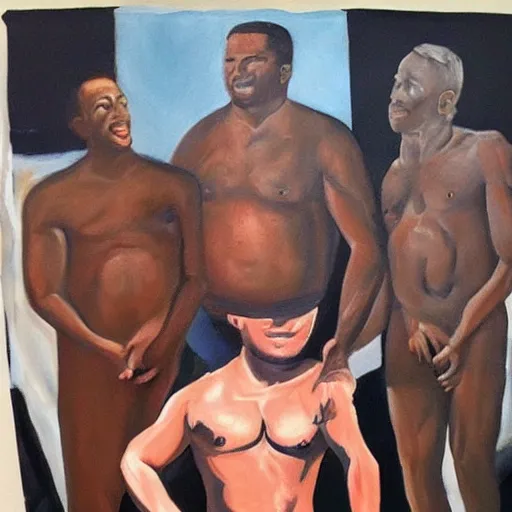 Prompt: painting of donald trump with handsome shirtless black men