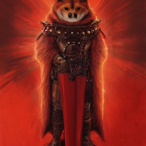 Image similar to anthropomorphic shiba inu, berserk anime guts armor and sword, red light aura, fantasy, red light, dark, portrait art by donato giancola and greg rutkowski, realistic face, visible holy red aura, digital art, trending on artstation, symmetry