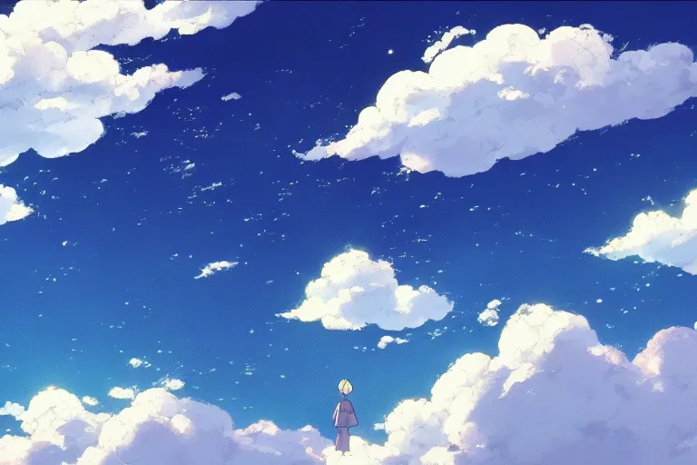 Image similar to painting of a dreamy cloudscape!, a flying dragon!!! in the foreground, exterior wide shot, otherworldly and ethereal by kazuo oga in the anime film by studio ghibli, screenshot from the anime film by makoto shinkai