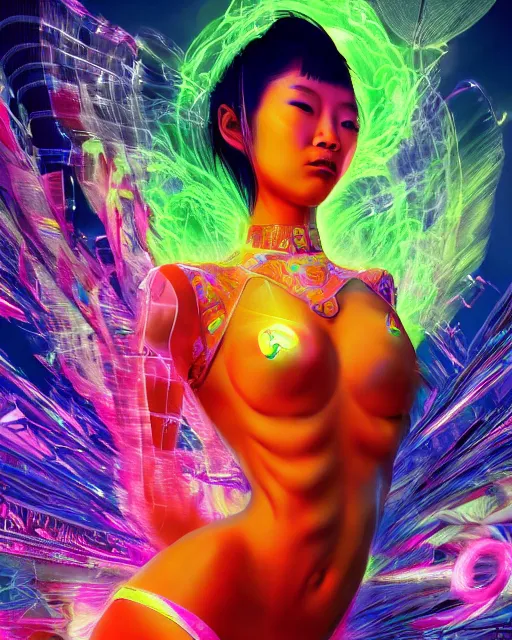 Image similar to a powerful energy psychedelic matrix asian woman, by alexander fedosav, hyper detailed digital matte painting, concept art, hyperrealism, 1 6 k resolution, cinema 4 d, 8 k resolution, trending on artstation, behance hd, a masterpiece, by stephan martiniere, particles, cel - shaded, power bright neon energy, by david a. hardy,