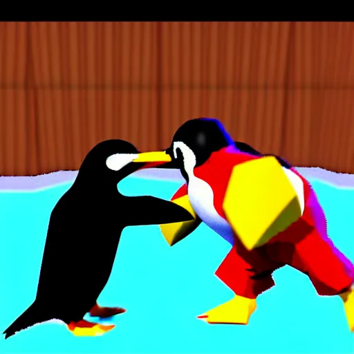 Image similar to danny devito punching a penguin, nintendo 6 4 screenshot, low poly, aliased