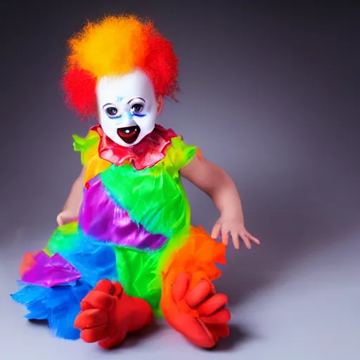 Prompt: A photograph of a baby dressed up as a clown, studio lighting, studio quality