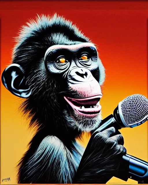 Prompt: a portrait of an anthropomorphic rockstar chimp singing into a microphone int eh recording studio by sandra chevrier, by jon foster, detailed render, tape deck, epic composition, cybernetics, 4 k realistic, cryengine, realistic shaded lighting, sharp focus, masterpiece, by enki bilal