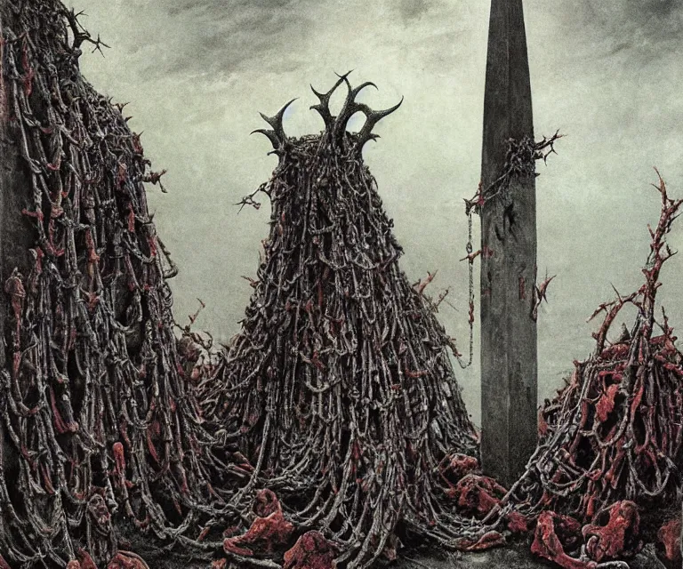 Prompt: Ancient blood-leaking cultic ritual obelisk made of horns and thorns, bloody chunks of flesh and steel chains by Beksinski, Arthur Rackham, Eugene de Blaas, Dariusz Zawadzki, Wayne Barlowe