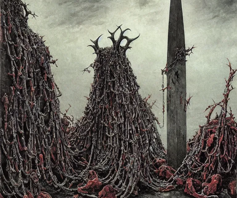 Image similar to Ancient blood-leaking cultic ritual obelisk made of horns and thorns, bloody chunks of flesh and steel chains by Beksinski, Arthur Rackham, Eugene de Blaas, Dariusz Zawadzki, Wayne Barlowe