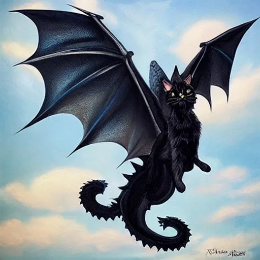 Image similar to “ a black cat flying on the back of a dragon from game of thrones, very detailed, oil painting, award winning ”