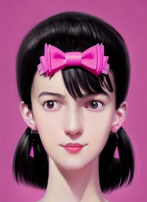 Image similar to portrait of high school girl, realistic, black hair, bangs, half updo hairstyle, pointy nose, skinny, smile, ugly, defined jawline, big chin, pink hair bow, earrings, intricate, elegant, glowing lights, highly detailed, digital painting, artstation, sharp focus, illustration, art by wlop, mars ravelo and greg rutkowski