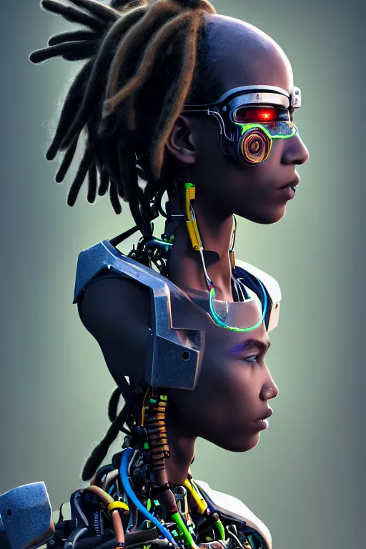 Image similar to a very detailed portrait of a young cyberpunk Africanchild with dreadlocks, biot ech, machine, photorealistic, highly detailed rendering with a cyberpunk style_ robotic arms MetaHuman, unreal engine, defined cheekbones, dramatic cinematic lighting