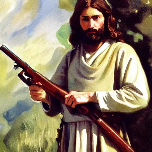 Image similar to painting jesus christ holding rifle, John Singer Sargent style