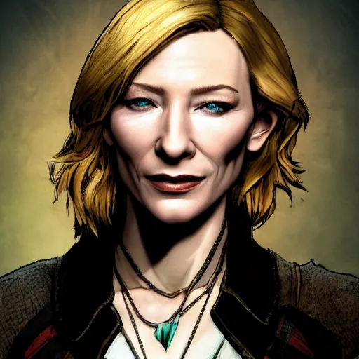 Prompt: cate blanchett portrait, borderlands, tales from the borderlands, the wolf among us, comic, cinematic lighting, studio quality, 8 k
