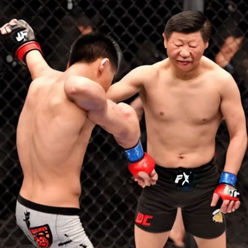 Prompt: shirtless xi jinping in the octagon of ufc