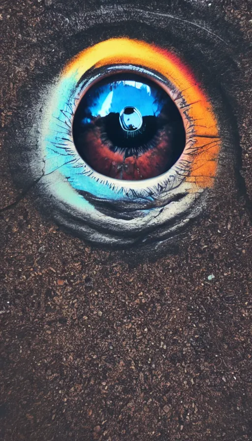 Image similar to photo of a human eye open on an asphalt road, realistic photo, shot with a gopro, looming, colorful, eerie