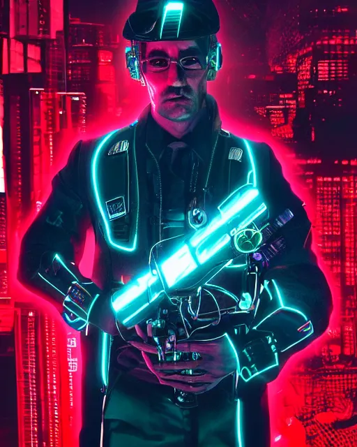 Image similar to photo of lieutenant columbo as a cyborg, advanced technology, cyberpunk background, neon lights, scifi, moody, atmosphere, professionally color graded, sharp focus, 8 k high definition, insanely detailed, intricate