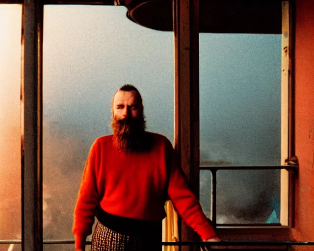 Image similar to lomo photo of 4 0 years russian man with beard and sweater standing on small hrushevka 9 th floor balcony full with cigarette smoke in small russian town looking at sunset, cinestill, bokeh