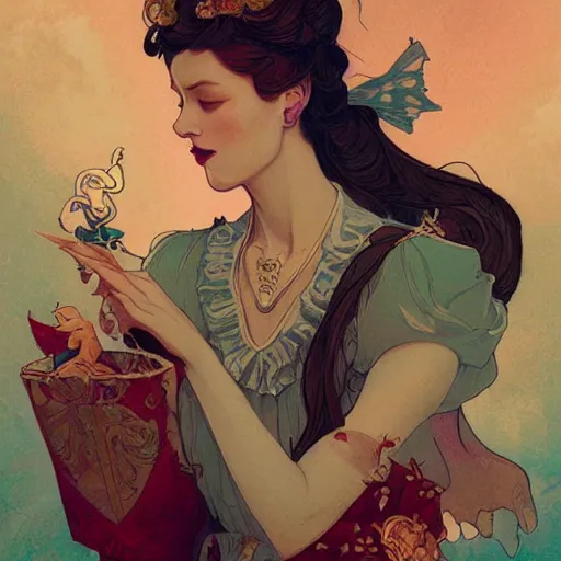 Image similar to portrait of a victorian era duc, princess girl, stylized illustration by peter mohrbacher, moebius, mucha, victo ngai, colorful comics style