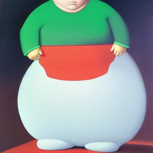 Image similar to a fernando botero painting of eric cartman, oil on canvas, art