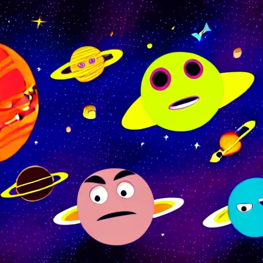 Image similar to outer space view of living planet with cartoon faces, style by kurzgesagt and pixar and dreamworks and disney