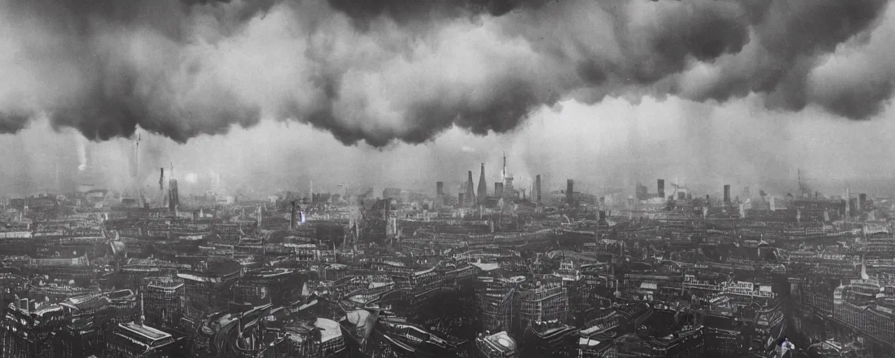 Image similar to a landscape of central london after a nuclear strike, collapsed london eye, big ben, groups of human figures, fog, atmosphere, brooding clouds, mushroom cloud, gas