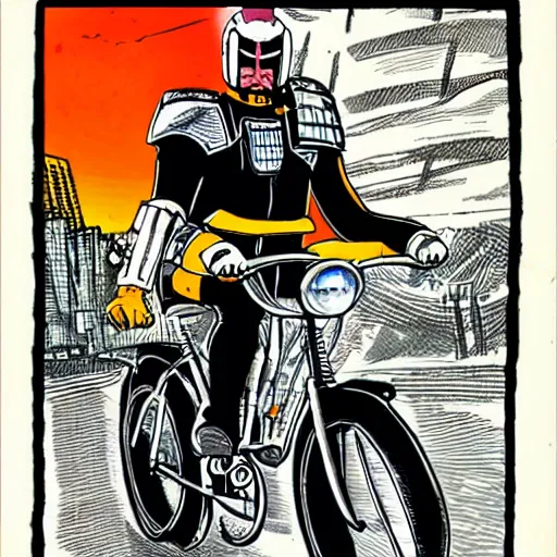 Prompt: judge dredd riding a bicycle in style of futurism