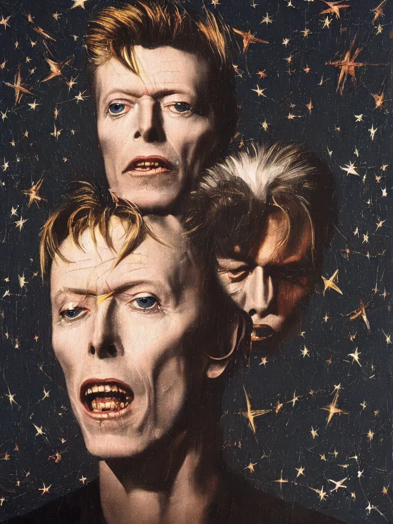 Prompt: david bowie looking up to the stars painted by caravaggio, oil painting, baroque painting, highly detailed, impasto painting, 4 k