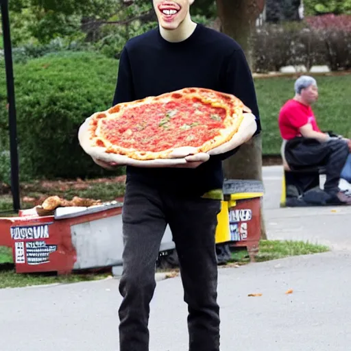 Image similar to pete davidson happily carrying a fresh pizza without a box, just the pizza, outside in a park