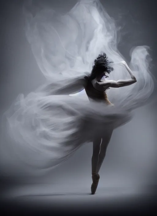 Image similar to a Photorealistic dramatic hyperrealistic render of a glamorous beautiful Female smoke dancer by Ken Brower and Deborah Ory of NYC Dance project,Lois Greenfield,Flowing cloth and smoke,Beautiful dynamic dramatic dark moody lighting,volumetric,shadows,cinematic atmosphere,Octane render,8K