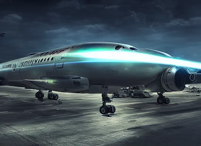 Image similar to immense futuristic jet plane arrives at runway of cyberpunk airport at night ,cinematic lighting, concept art