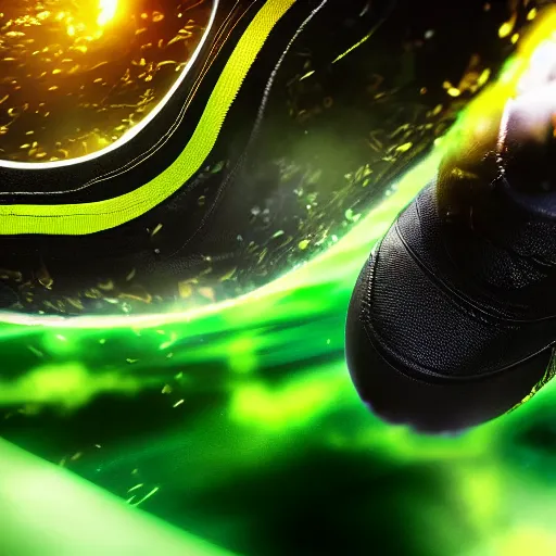 Prompt: a closeup photorealistic photograph of a black soccer boot kicking a green and black soccer ball, fantastic four theme.. bright scene. fine detail. this 4 k hd image is trending on artstation, featured on behance, well - rendered, extra crisp, features intricate detail, epic composition and the style of unreal engine.