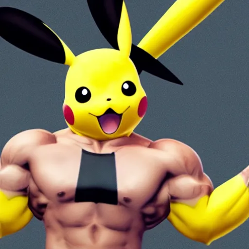 Image similar to pikachu with muscles, muscles, realistic, 4 k, photographic