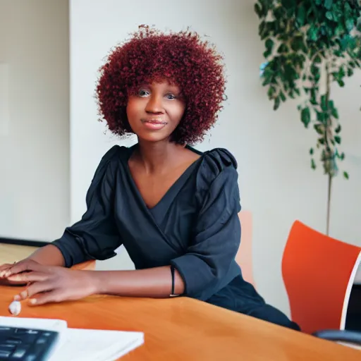 Prompt: an African woman sitting at a desk with red curly hair, realistic