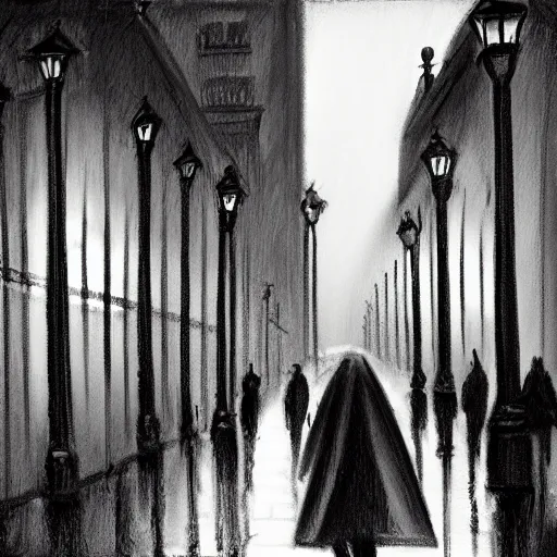 Image similar to charcoal drawn cityscape in the rain. Bridge, gas lamps, people walking