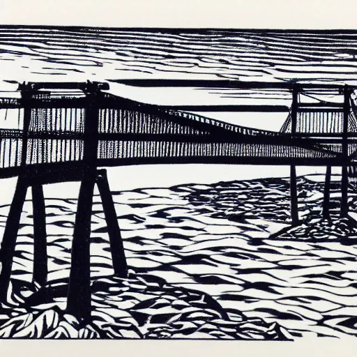 Image similar to small steel suspension bridge built in 1 9 2 8, side view, puffy clouds in background, uap floating in the sky, woodcut style, rubber stamp, 8 k