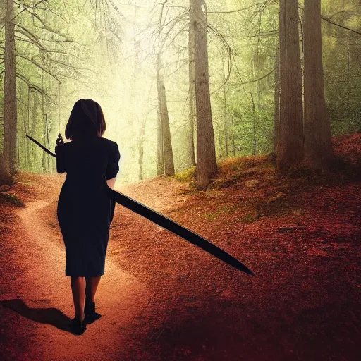 Image similar to Woman cuts timeline with sword in foreground, cinematic shot from back view, camera following a woman on a path through a forest, blackhole, 4K