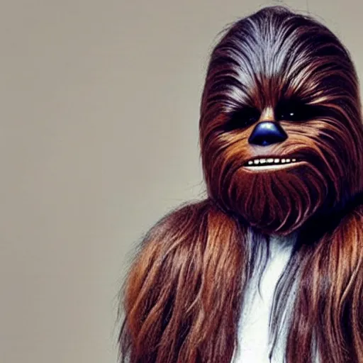 Image similar to chewbacca as a fashion model, instagram selfie, hidden product advertisement