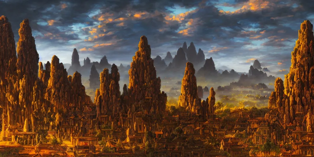 Image similar to fantasy oil painting, megalithic city of laos, fantasy, buildings, colossal, gate, looming, small buildings, warm lighting, street view, daytime, silhouetted figure standing overlooking the port city, epic, distant mountains, bright clouds, luminous sky, cinematic lighting, michael cheval, michael whelan, artstation, oil painting, vray, 8 k hd