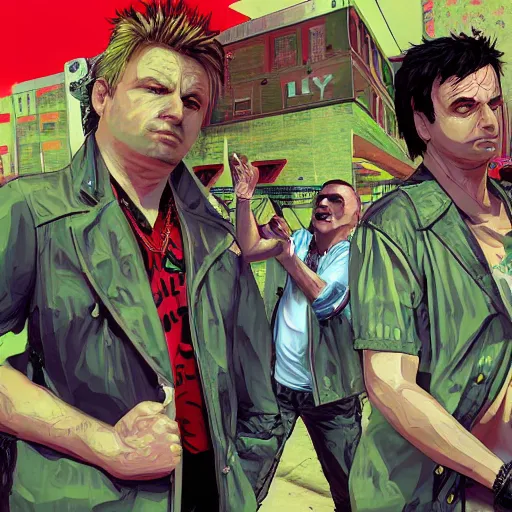 Prompt: Green Day in GTA V, cover art by Stephen Bliss, artstation