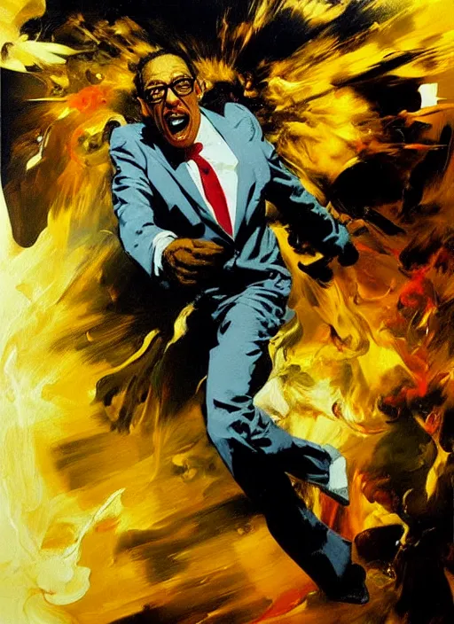 Prompt: gus fring screaming, explosion, exploding, painting by phil hale, francisco goya,'action lines '!!!, graphic style, visible brushstrokes, motion blur, blurry
