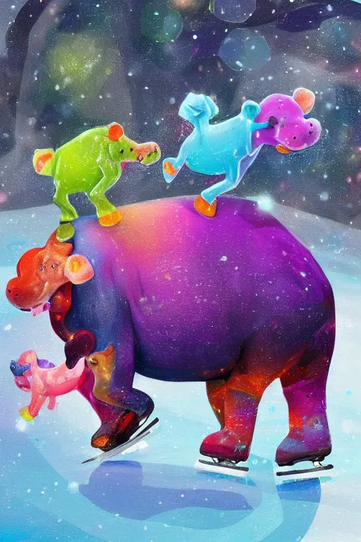 Prompt: colorful hippos ice skating, digital art, artstation trending, digital painting