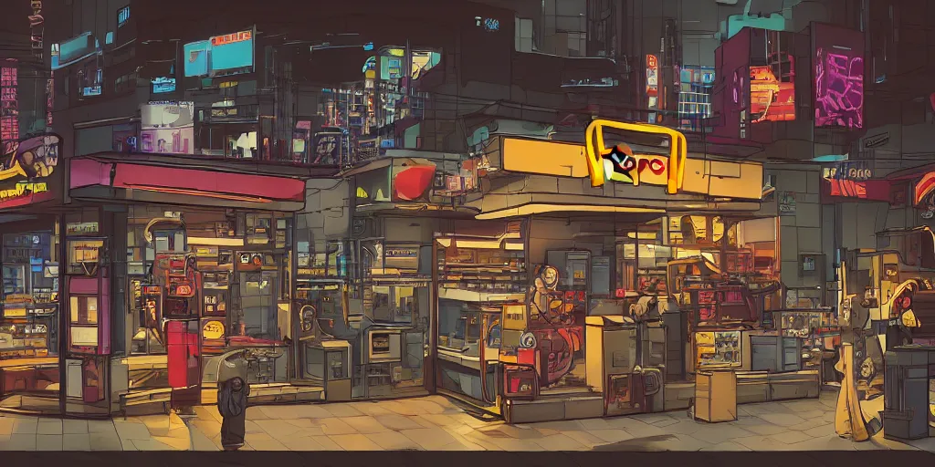 Image similar to cyberpunk mcdonalds by kirokaze