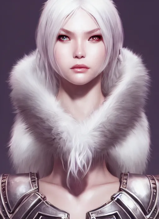 Image similar to warrior, fur leather armor!!! beautiful and elegant white hair female!! gorgeous ayes!! character concept art, sharp focus, octane render! unreal engine 5! highly rendered!! trending on artstation!! detailed linework!! illustration by artgerm, wlop, and chie yoshii