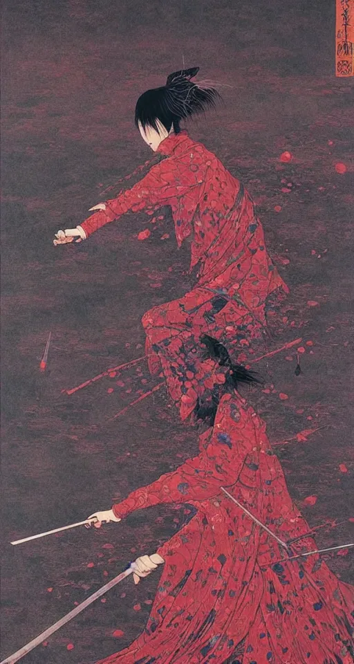 Image similar to japanese schoolgirl runs away from samurai with a katana on the subway, high detailed beksinski painting, part by adrian ghenie and gerhard richter. art by takato yamamoto. masterpiece, deep colours, red