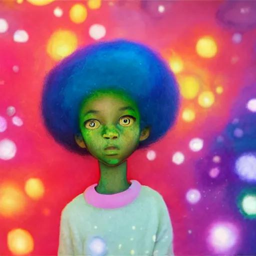 Prompt: a black girl with big beautiful eyes and a colorful afro playing with bubbles in the candy forest, bright colors, synthwave, watercolor, volumetric wool felting, felt, macro photography, children illustration, global illumination, radiant light, detailed and intricate environment, by goro fujita, bokeh!!!!