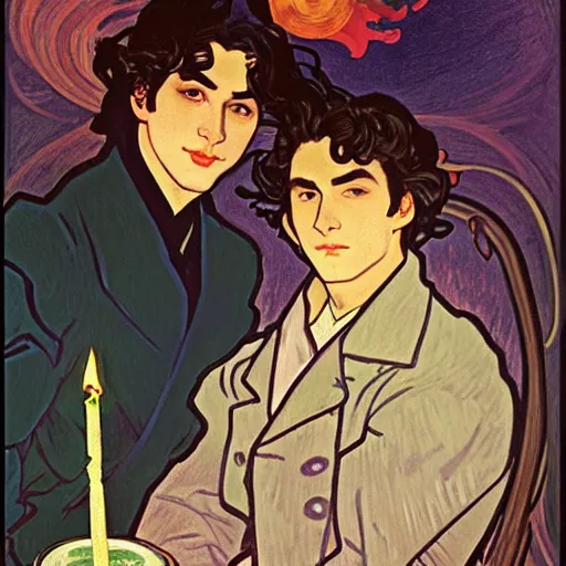 Image similar to painting of young cute handsome beautiful dark medium wavy hair man in his 2 0 s named shadow taehyung and cute handsome beautiful min - jun together at the halloween! party, bubbling cauldron!, candles!, smoke, autumn! colors, elegant, wearing suits!, delicate facial features, art by alphonse mucha, vincent van gogh, egon schiele