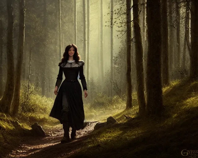 Image similar to 5 5 mm portrait photo of olga kurylenko as real life tough looking yennefer of vengerberg, in a forest. magical atmosphere. art by greg rutkowski. highly detailed 8 k. intricate. lifelike. soft light. nikon d 8 5 0.