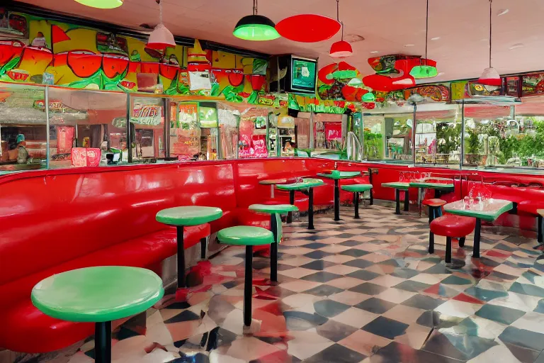 Prompt: 1 9 8 5 watermelon themed classic american diner, people sitting at tables, fruitcore, watermeloncore, one point perspective, americana, restaurant interior photography, 5 5 mm