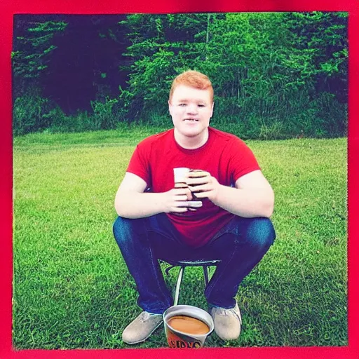 Image similar to “A 20 year old, ginger, tall, chubby, polish-American college student, with a scruffy beard, sitting in his back yard drinking beer, 8 mm lens photography,”