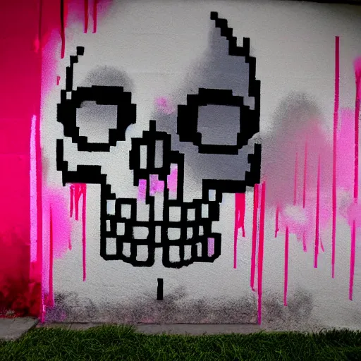 Image similar to a skull spray painted on a wall with dripping pink spray paint, pixel art