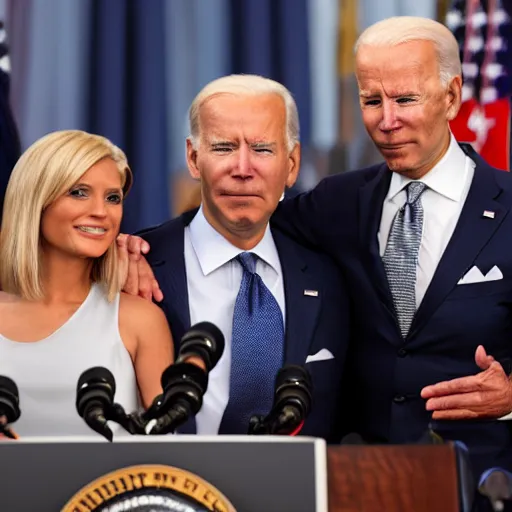 Image similar to alien, gray alien, wearing a blond wig and a red dress and ((Joe Biden)) at a press conference, photograph, highly detailed, 4K